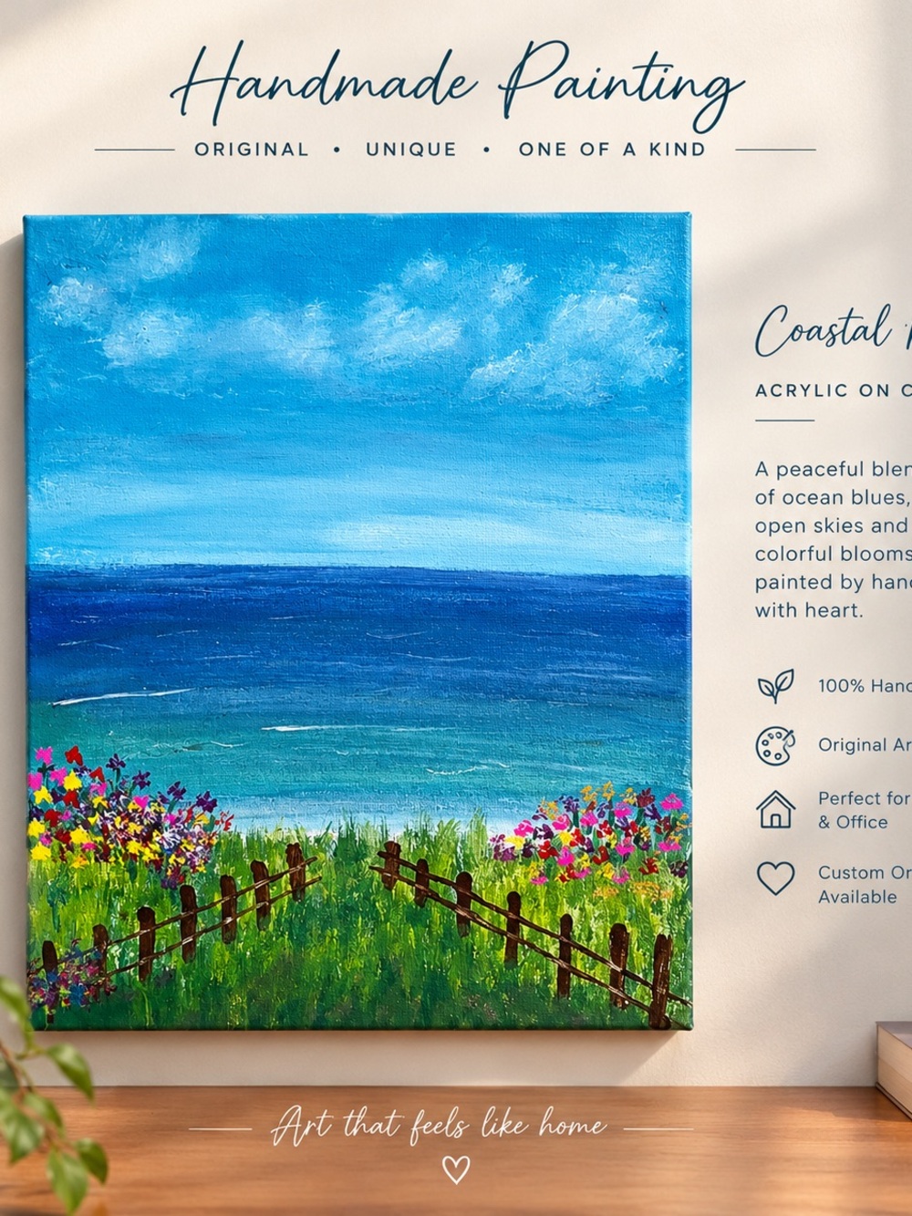 Handmade Coastal Meadow Painting in Blue and Green